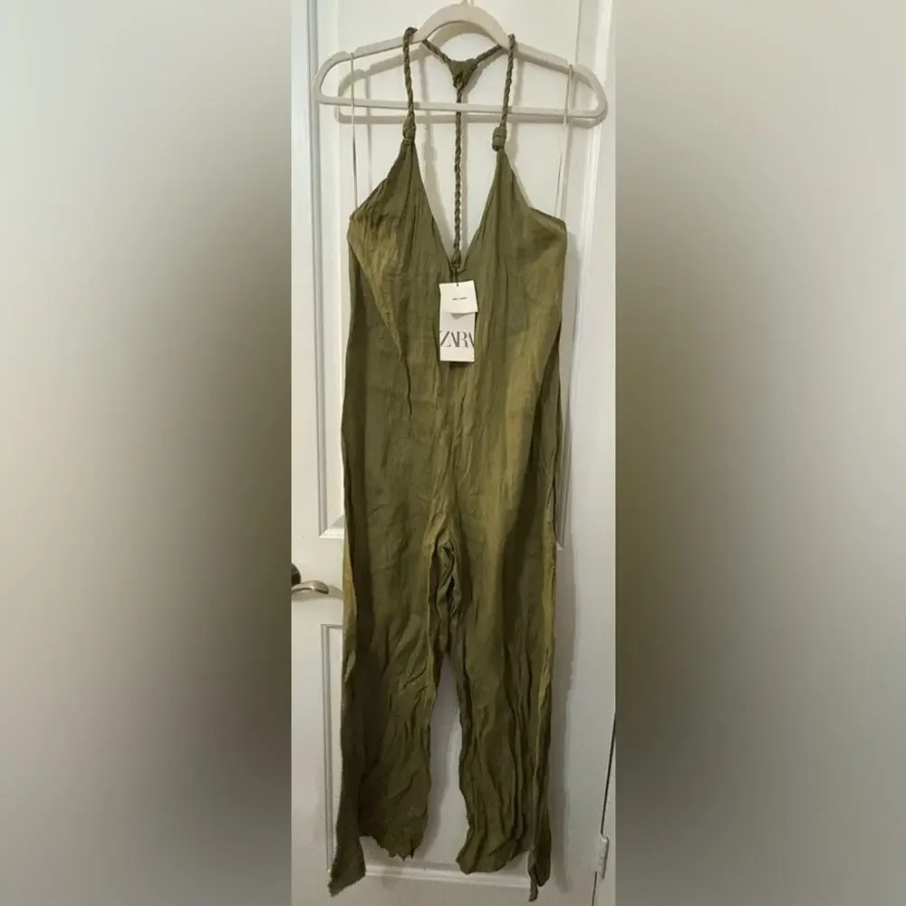 Nwt- ZARA- WOVEN STRAP PALAZZO JUMPSUIT-100% Linen-M